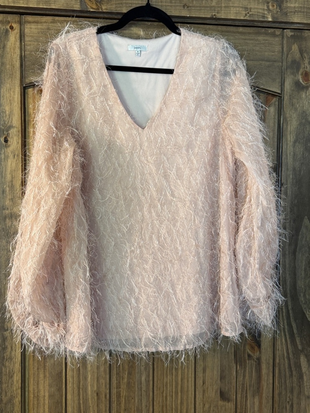 JODIFL Feather-Trim V-Neck Blouse in Blush Pink